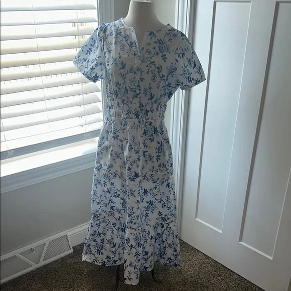 french connection blue and white dress French Connection Blue/White London Knit Midi Dress